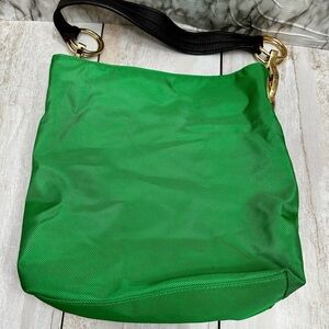 Vibrant Green Nylon Hobo Shoulder Bag Black Strap Gold Hardware Tote Bold Bright